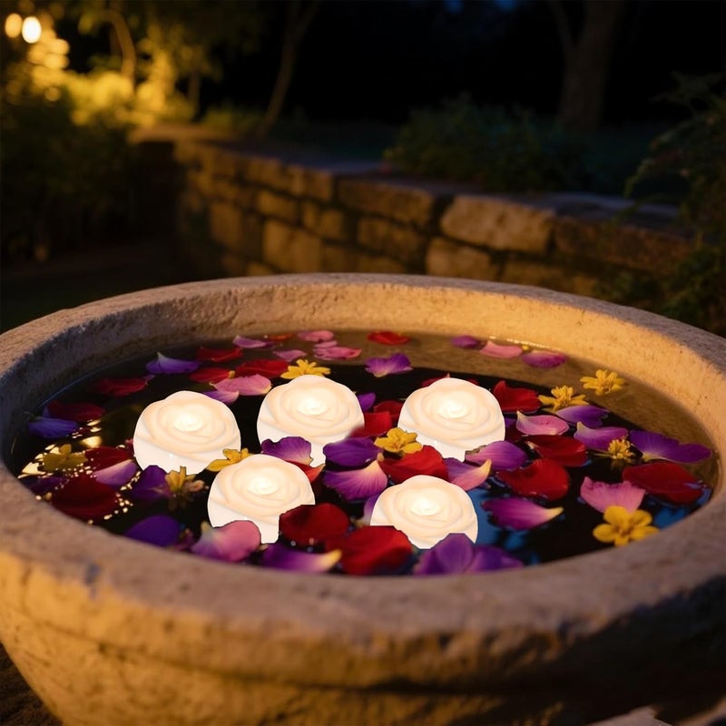 Aignis 6pcs Flameless LED Floating Candles, White Rose Plastic Tealights Battery Operated, 120+ Hours Glow Time, Cozy Light for Romantic Pool/Bathtub/Hot Bath/Wedding Centerpiece Decor(D2.83*H1.42) - Image 4